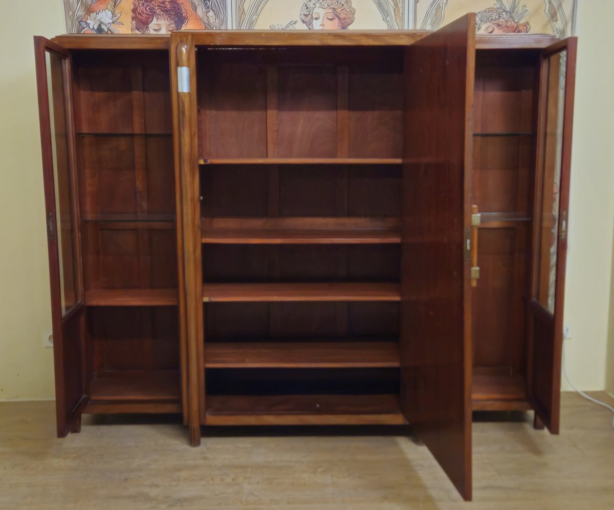 Importante bibliothèque époque Art Déco en loupe d'Amboine et acajou-photo-7