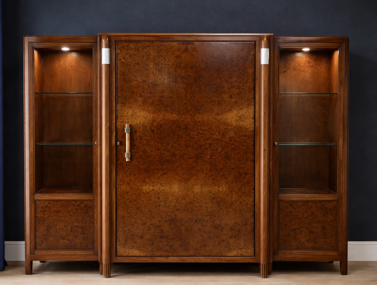 Importante bibliothèque époque Art Déco en loupe d'Amboine et acajou