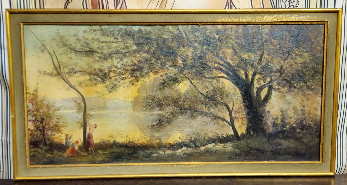 Antique Oil Painting On Panel – Lively Landscape By A Lake – Early 20th Century – Gilt Frame-photo-1