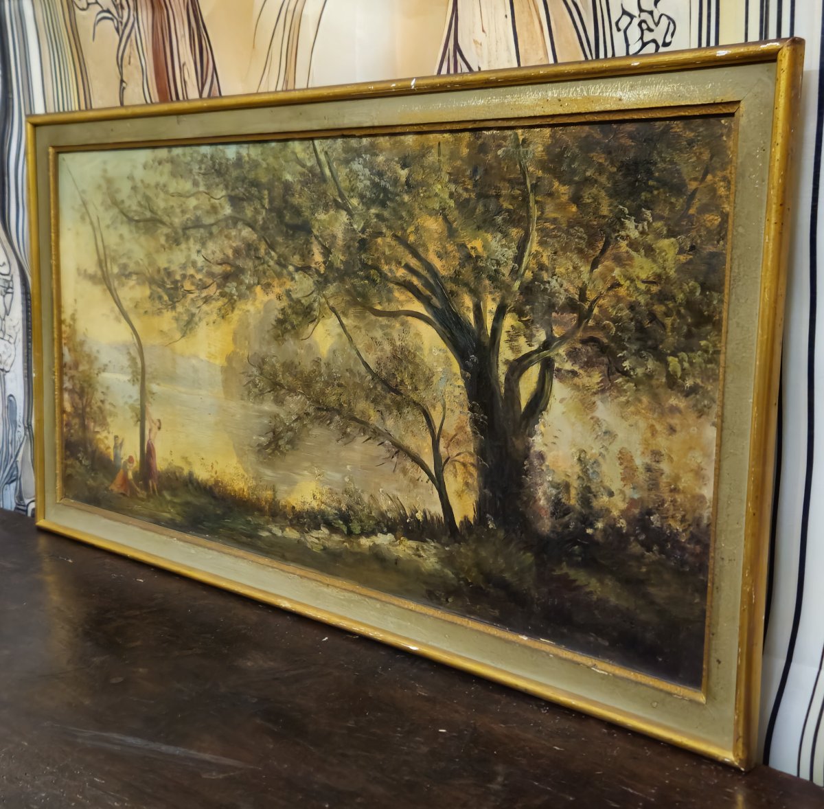 Antique Oil Painting On Panel – Lively Landscape By A Lake – Early 20th Century – Gilt Frame-photo-2