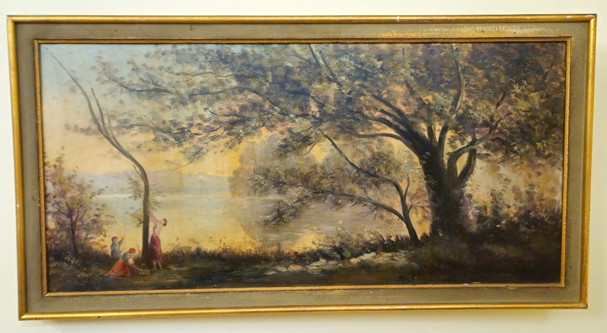 Antique Oil Painting On Panel – Lively Landscape By A Lake – Early 20th Century – Gilt Frame-photo-5