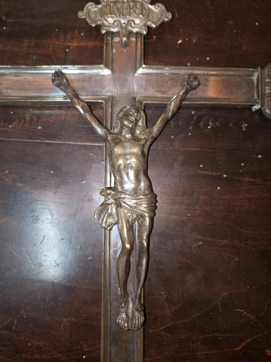 Antique Silvered Bronze Wall Crucifix, Depicting Christ In Relief On A Large Cross -photo-4