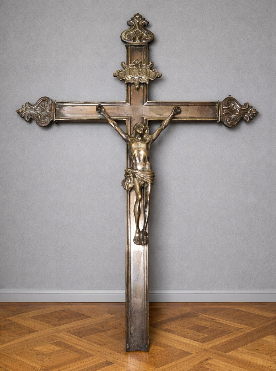 Antique Silvered Bronze Wall Crucifix, Depicting Christ In Relief On A Large Cross 