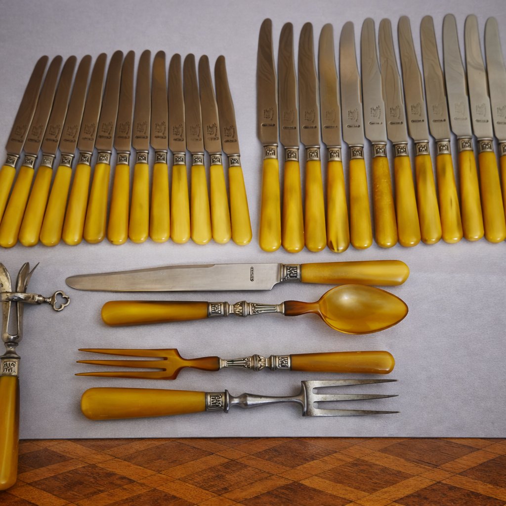 Ancien service de table manches corne, viroles argent gaufré, couteaux La Panthère-photo-1