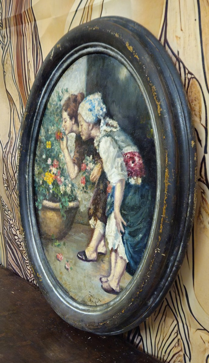 Antique Painting Signed Forlenza / Naples – Oil On Cardboard – Genre Scene – Antique Oval Frame-photo-2