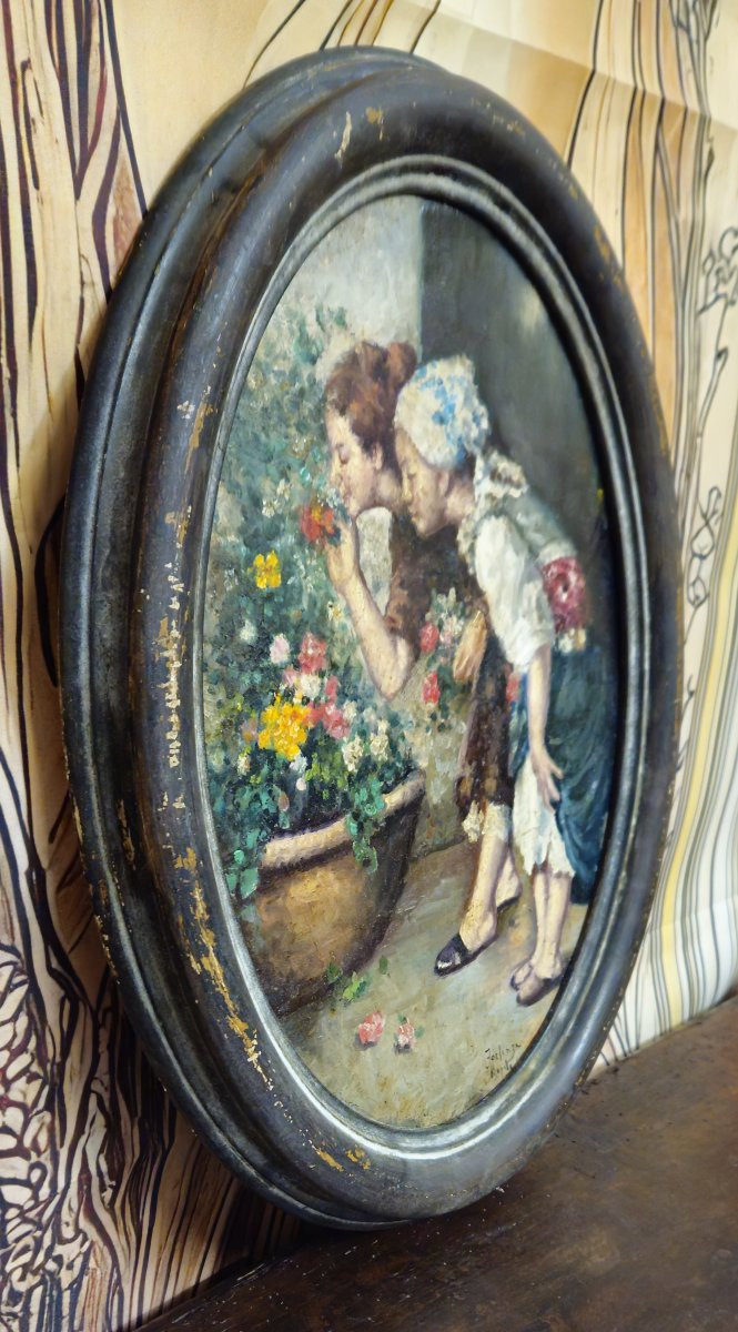 Antique Painting Signed Forlenza / Naples – Oil On Cardboard – Genre Scene – Antique Oval Frame-photo-3