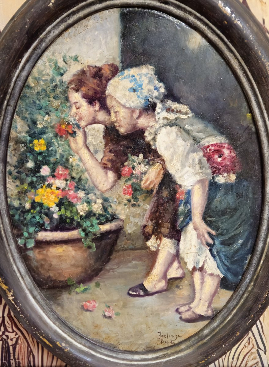 Antique Painting Signed Forlenza / Naples – Oil On Cardboard – Genre Scene – Antique Oval Frame-photo-4