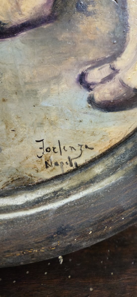 Antique Painting Signed Forlenza / Naples – Oil On Cardboard – Genre Scene – Antique Oval Frame-photo-5