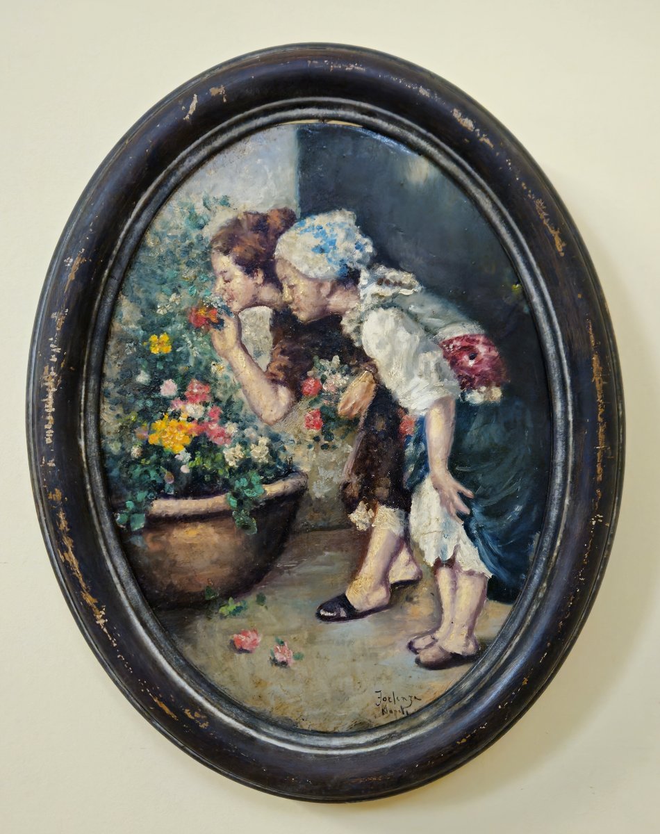 Antique Painting Signed Forlenza / Naples – Oil On Cardboard – Genre Scene – Antique Oval Frame-photo-7