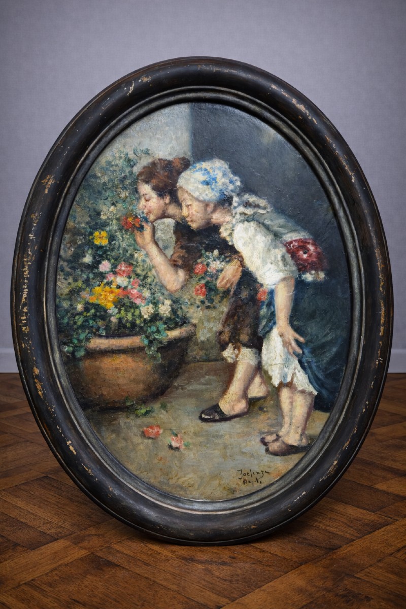 Antique Painting Signed Forlenza / Naples – Oil On Cardboard – Genre Scene – Antique Oval Frame