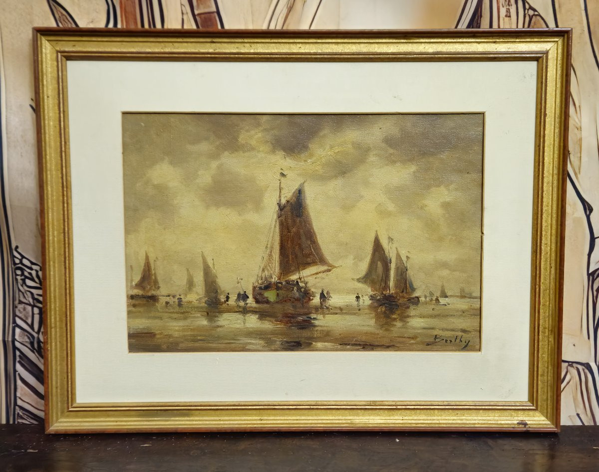 Oil On Canvas - Marine With Sailboats - Signed Bentley - European School - Late 19th Century-photo-1