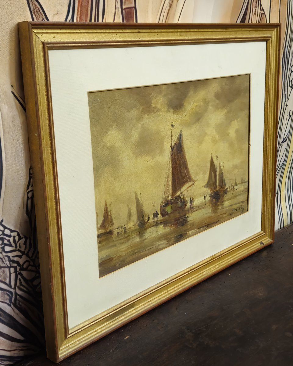 Oil On Canvas - Marine With Sailboats - Signed Bentley - European School - Late 19th Century-photo-3