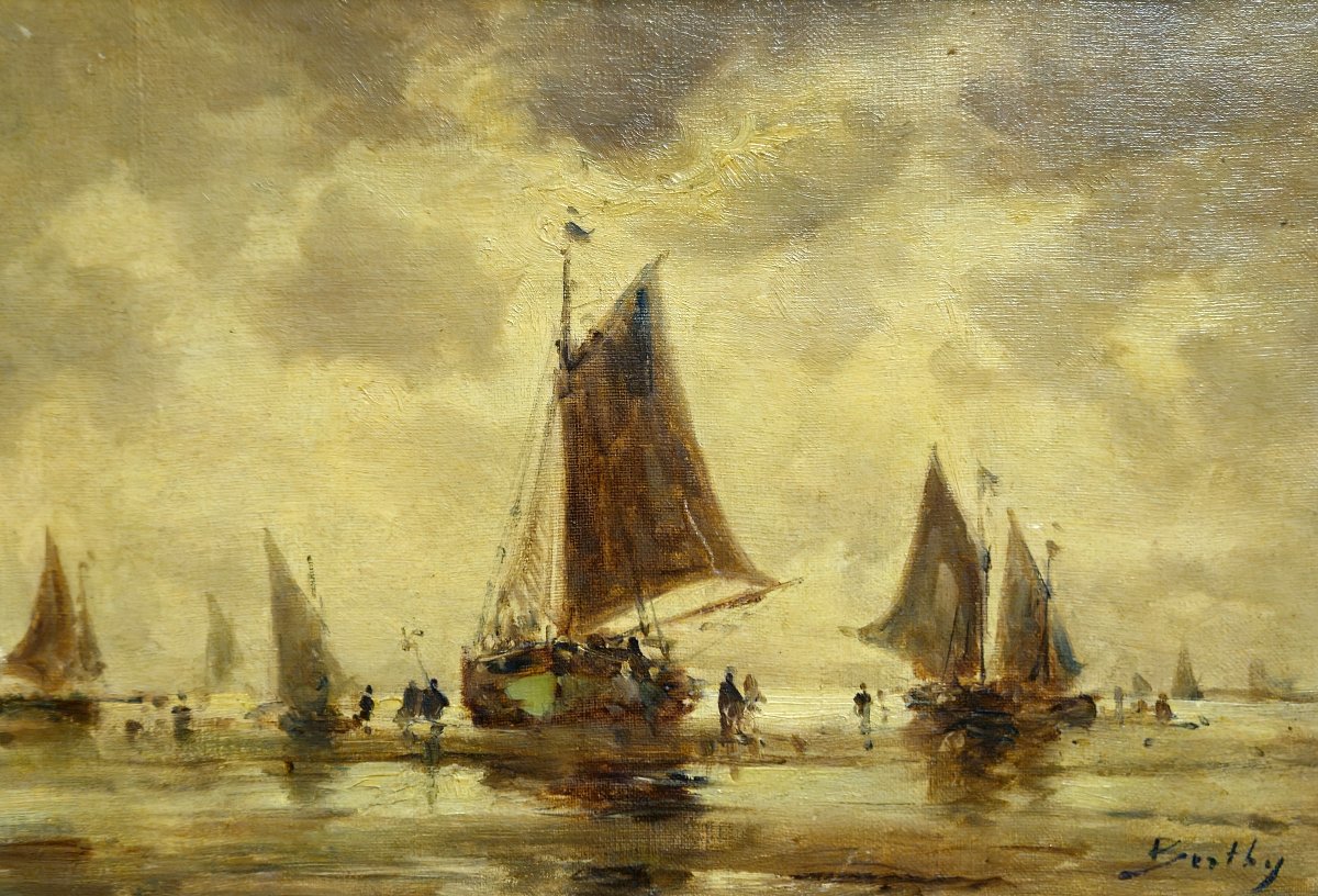 Oil On Canvas - Marine With Sailboats - Signed Bentley - European School - Late 19th Century-photo-5