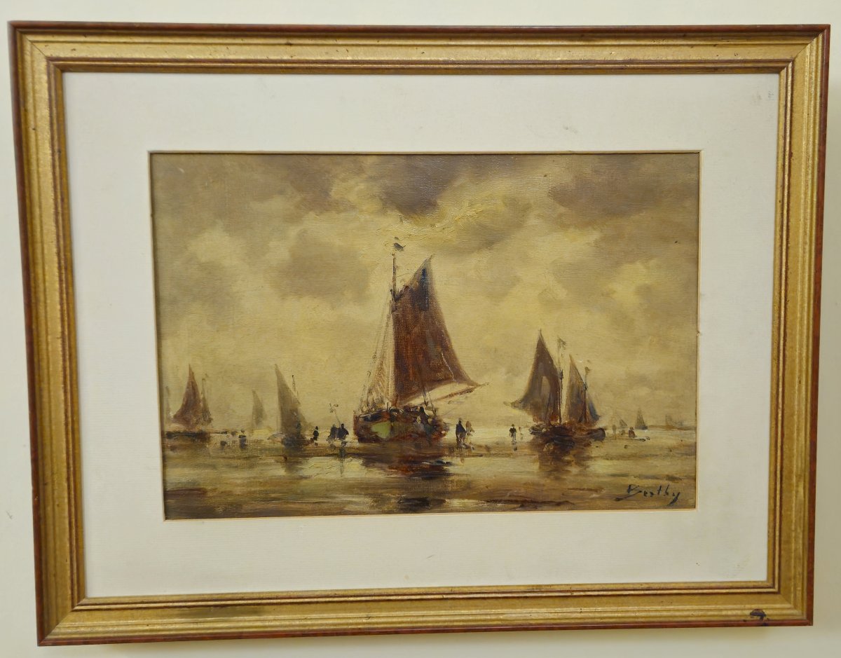 Oil On Canvas - Marine With Sailboats - Signed Bentley - European School - Late 19th Century-photo-6