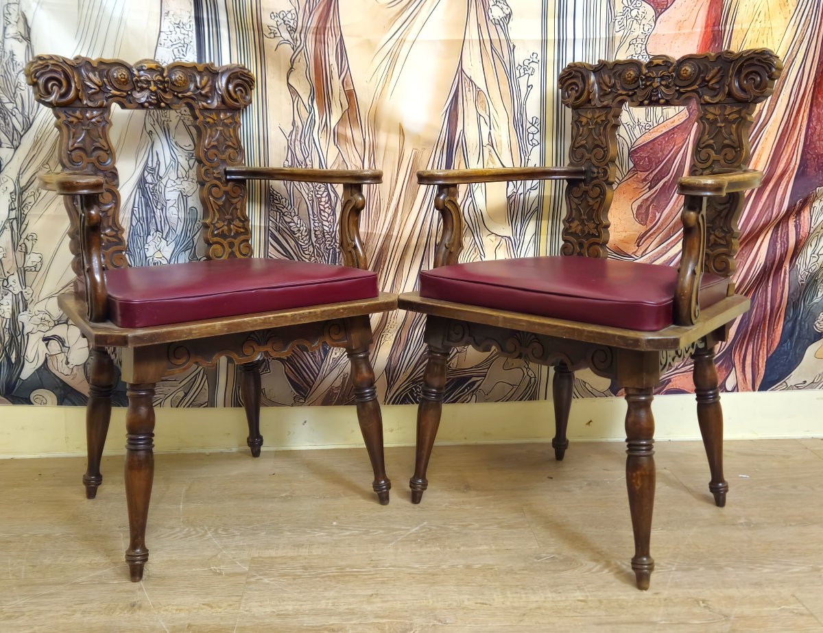 Paire de fauteuils anciens sculptés style Renaissance / Louis XIII / XIXeme -photo-5