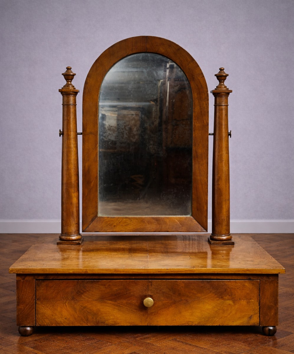 Miroir de toilette / Psyché avec tiroir – coiffeuse de table XIXe – acajou – époque Empire 
