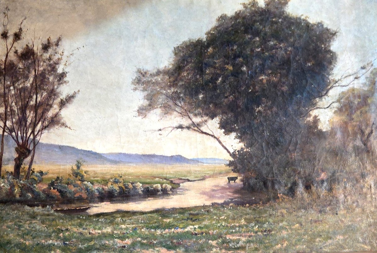 Immense huile sur toile ancienne représentant un paysage champêtre animé avec rivière-photo-6