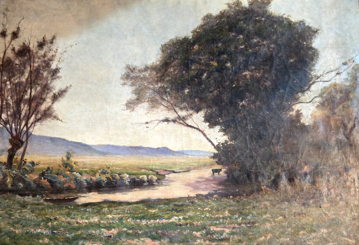 Immense huile sur toile ancienne représentant un paysage champêtre animé avec rivière-photo-8