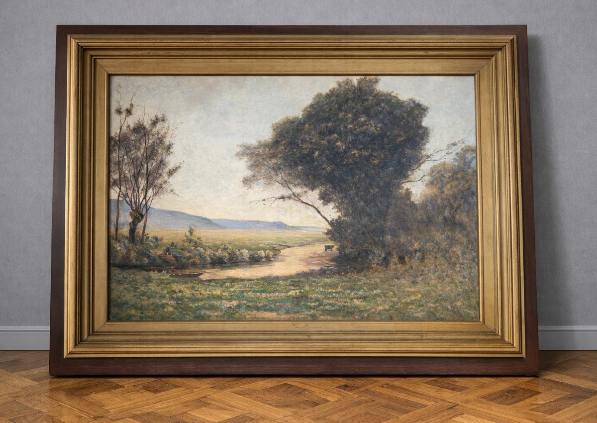 Immense huile sur toile ancienne représentant un paysage champêtre animé avec rivière