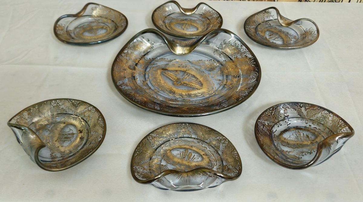Service ancien en verre argenté – 7 pièces – Venise – décor gravé et argenté – -photo-1