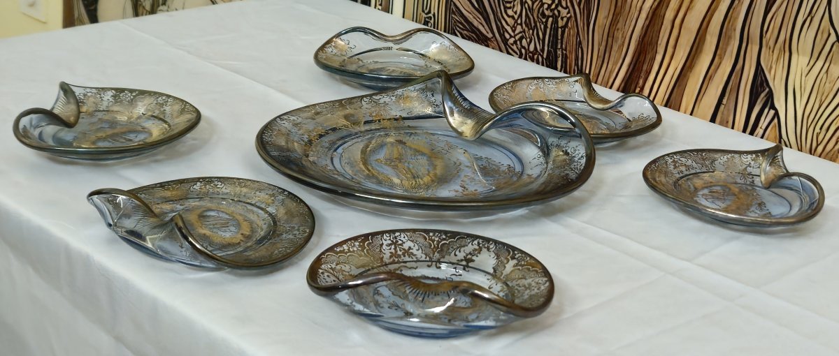 Service ancien en verre argenté – 7 pièces – Venise – décor gravé et argenté – -photo-3