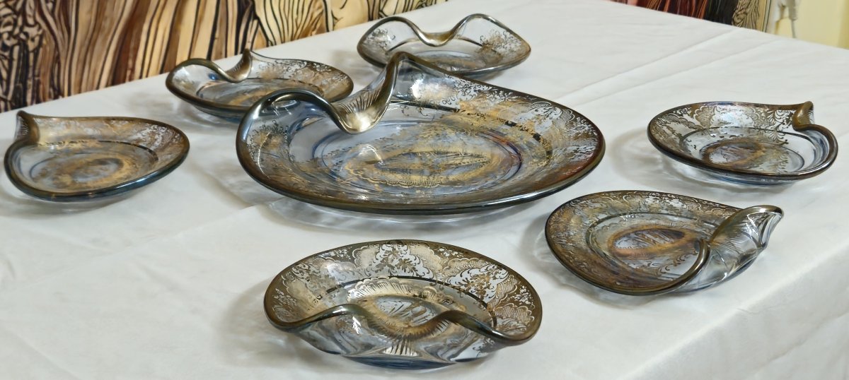 Service ancien en verre argenté – 7 pièces – Venise – décor gravé et argenté – -photo-4