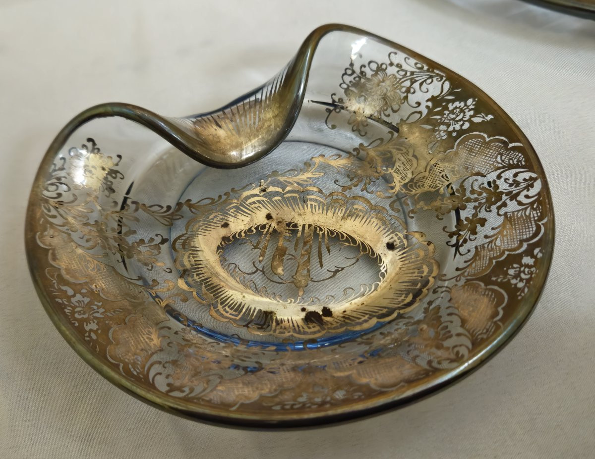 Service ancien en verre argenté – 7 pièces – Venise – décor gravé et argenté – -photo-5