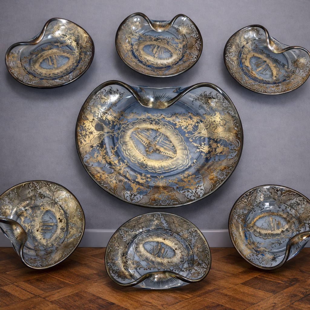 Service ancien en verre argenté – 7 pièces – Venise – décor gravé et argenté – 