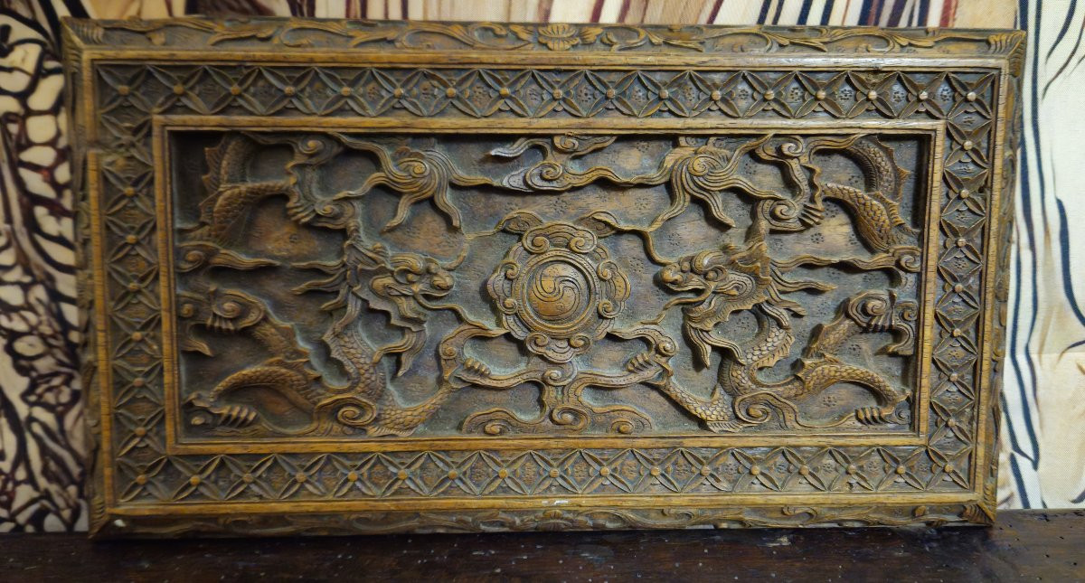 Panneau sculpté ancien en bois – décor dragons asiatiques – relief – art asiatique – Chine-photo-4