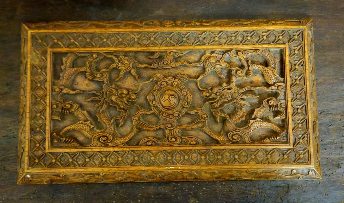Panneau sculpté ancien en bois – décor dragons asiatiques – relief – art asiatique – Chine-photo-5