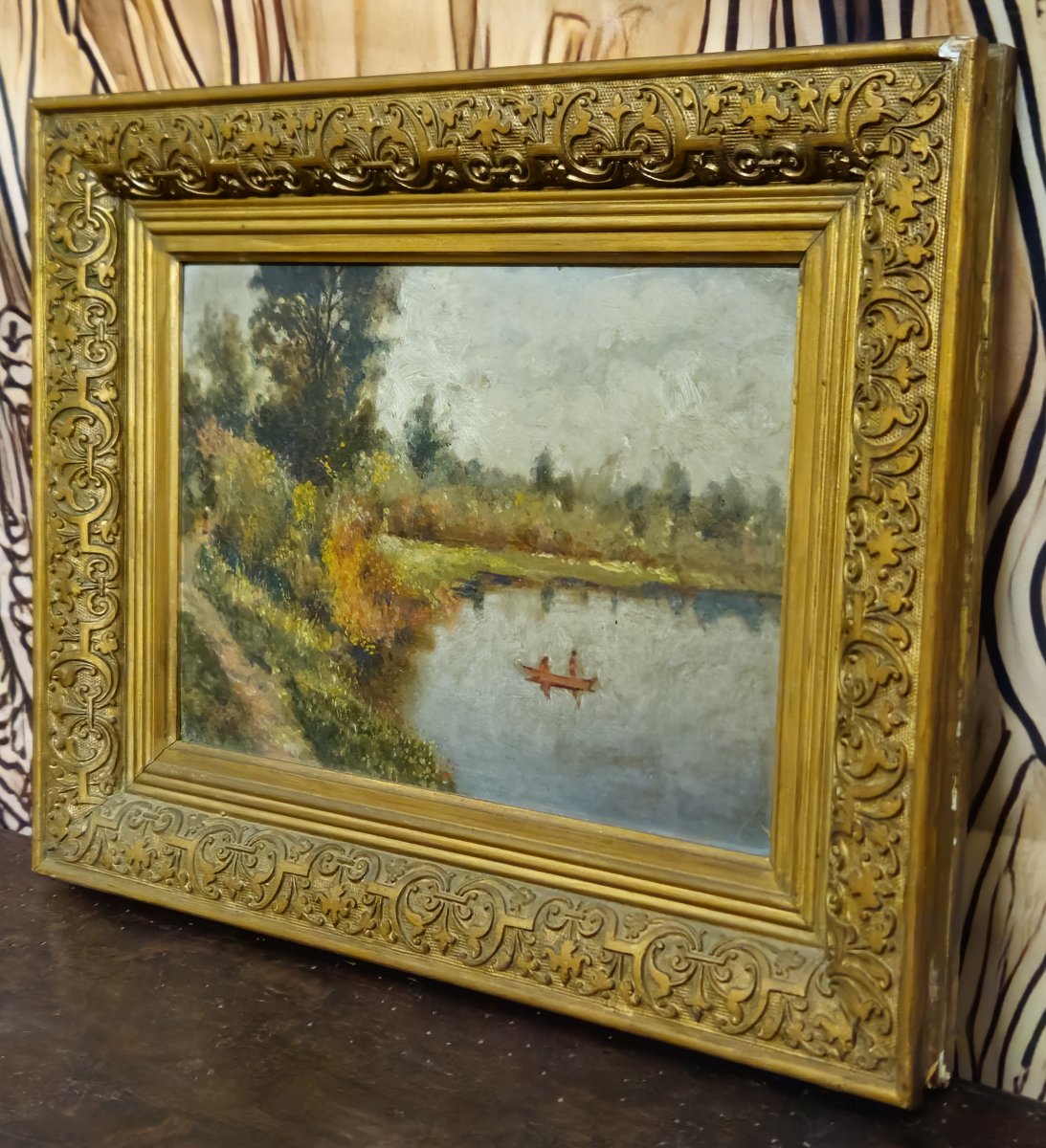 Antique Oil On Panel - Waterside Landscape - Antique Gilded Frame - 19th Century-photo-2