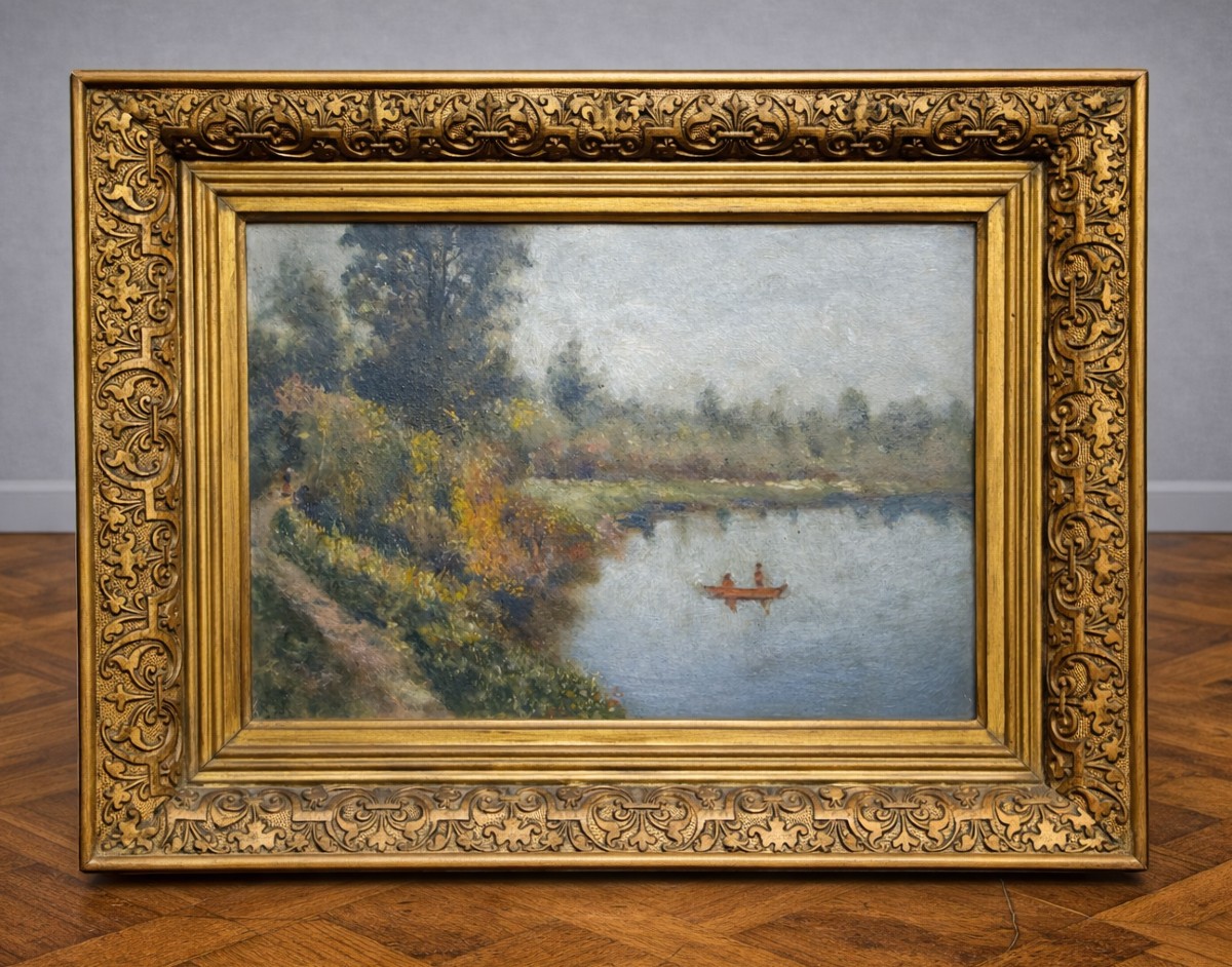 Antique Oil On Panel - Waterside Landscape - Antique Gilded Frame - 19th Century