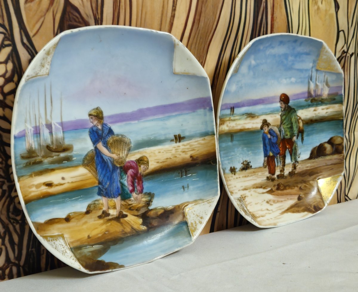 Paire d’assiettes en porcelaine de Limoges décor bord de mer, peinte main-photo-3