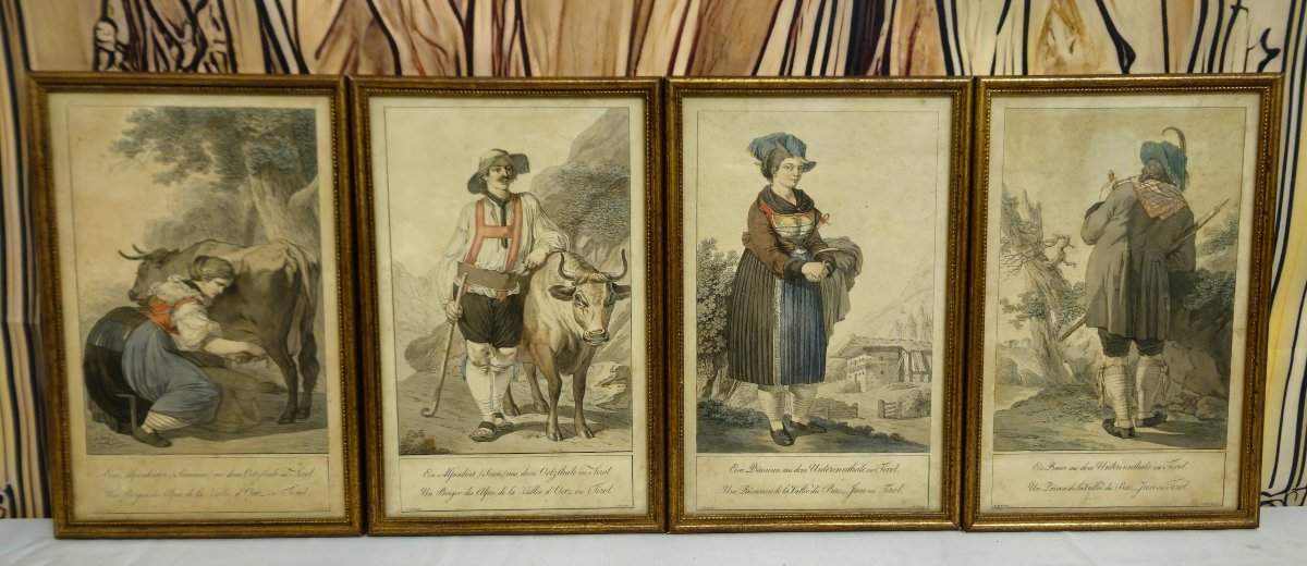 Suite Of 4 Framed Antique Engravings Tyrolean Costumes - 19th Century - Gilded Frames / A-photo-1