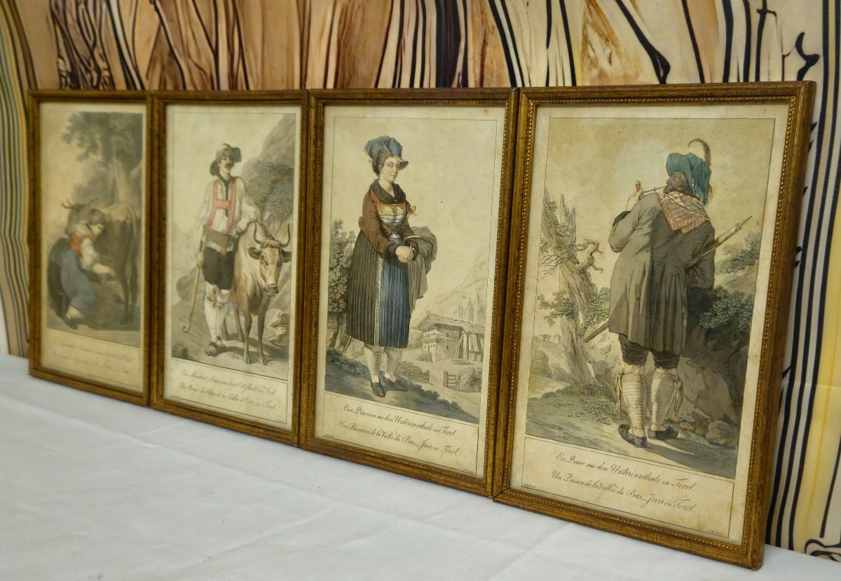 Suite Of 4 Framed Antique Engravings Tyrolean Costumes - 19th Century - Gilded Frames / A-photo-2