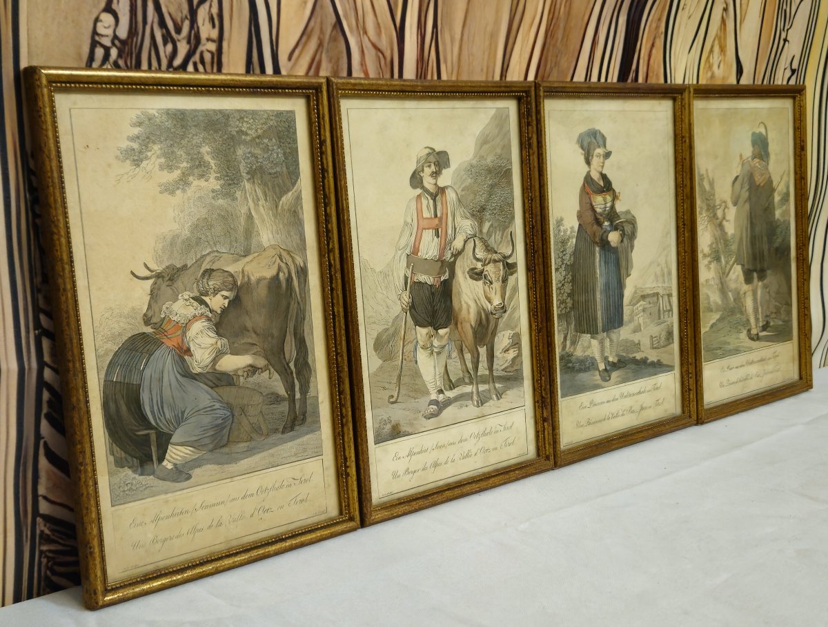 Suite Of 4 Framed Antique Engravings Tyrolean Costumes - 19th Century - Gilded Frames / A-photo-3