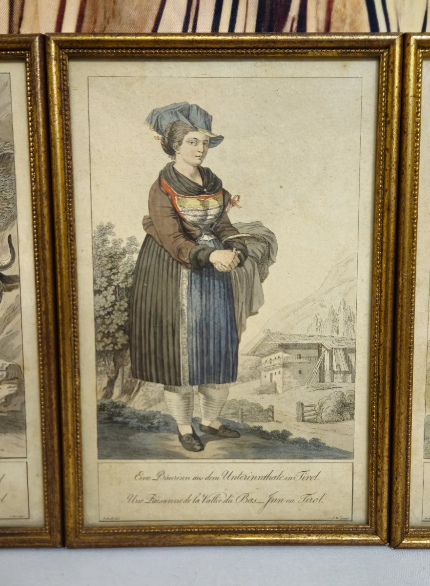 Suite Of 4 Framed Antique Engravings Tyrolean Costumes - 19th Century - Gilded Frames / A-photo-6