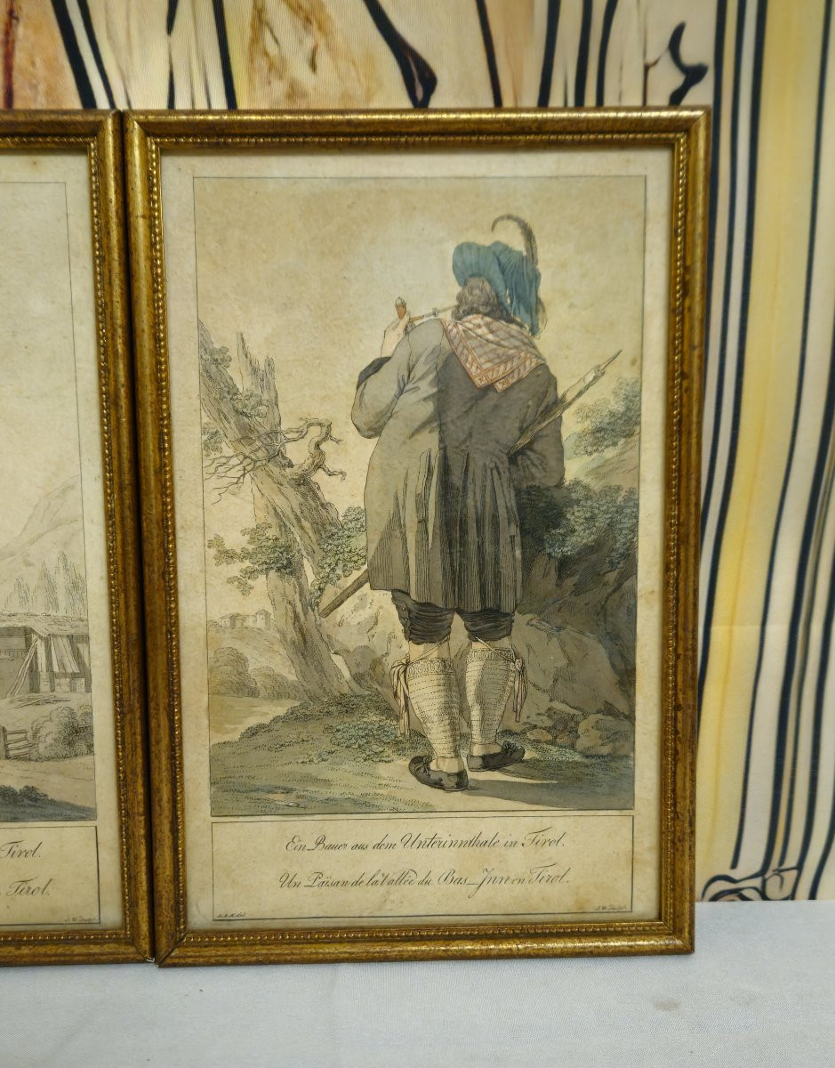 Suite Of 4 Framed Antique Engravings Tyrolean Costumes - 19th Century - Gilded Frames / A-photo-7