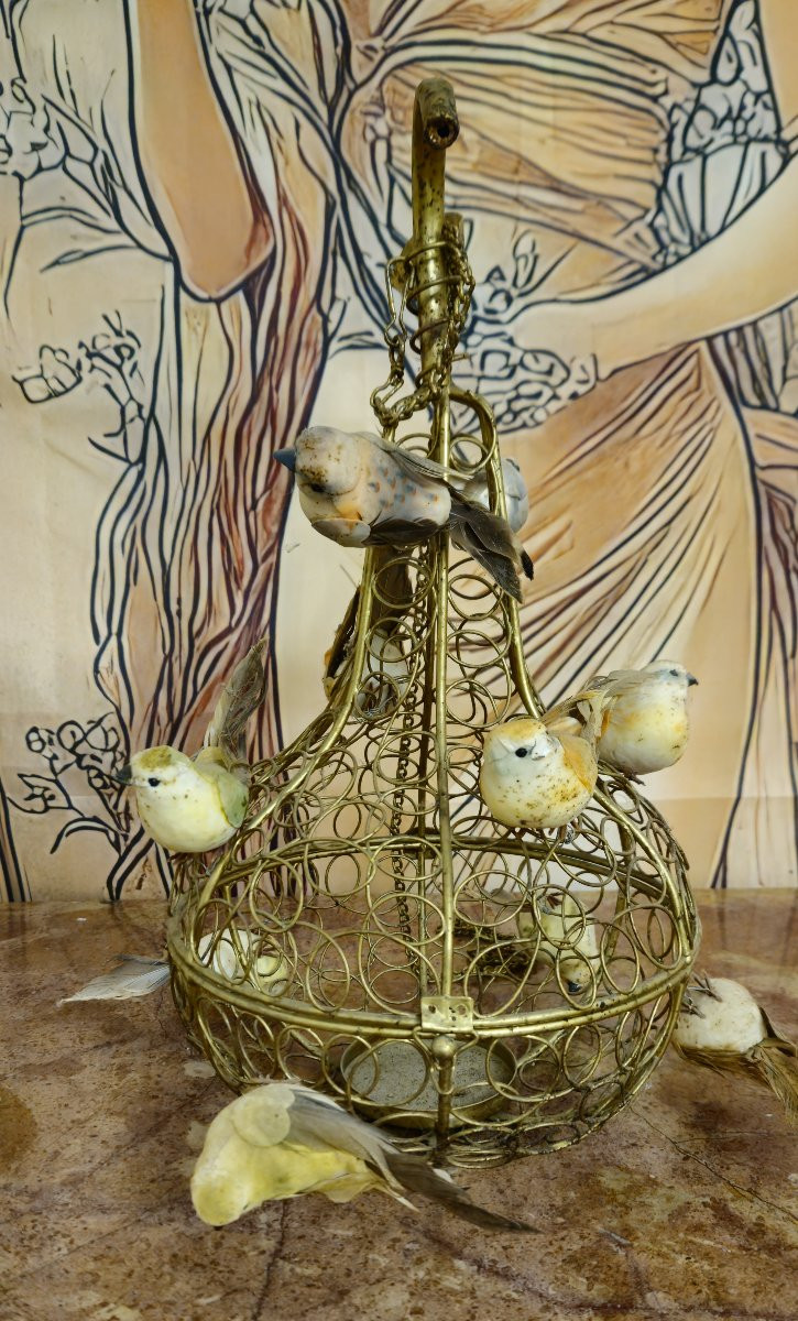 Hanging Birdcage In Gilded Metal - 20th Century Decorative Work-photo-1