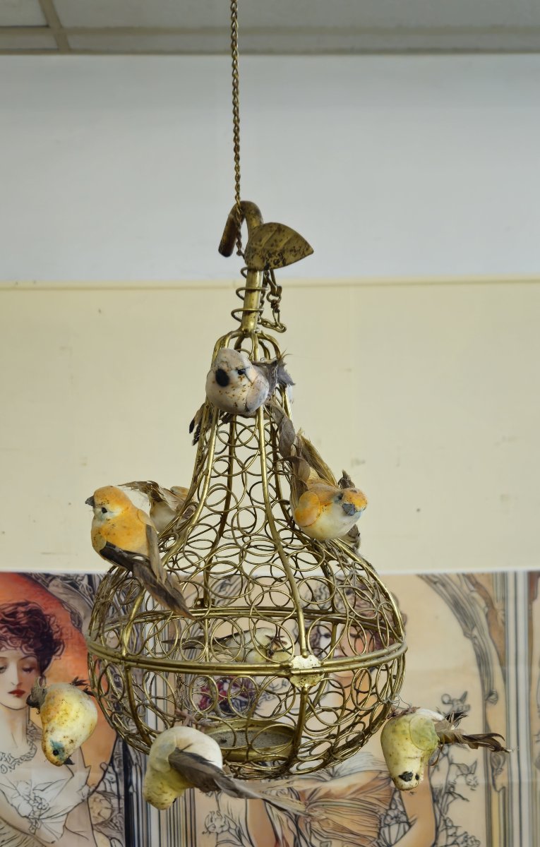Hanging Birdcage In Gilded Metal - 20th Century Decorative Work-photo-6