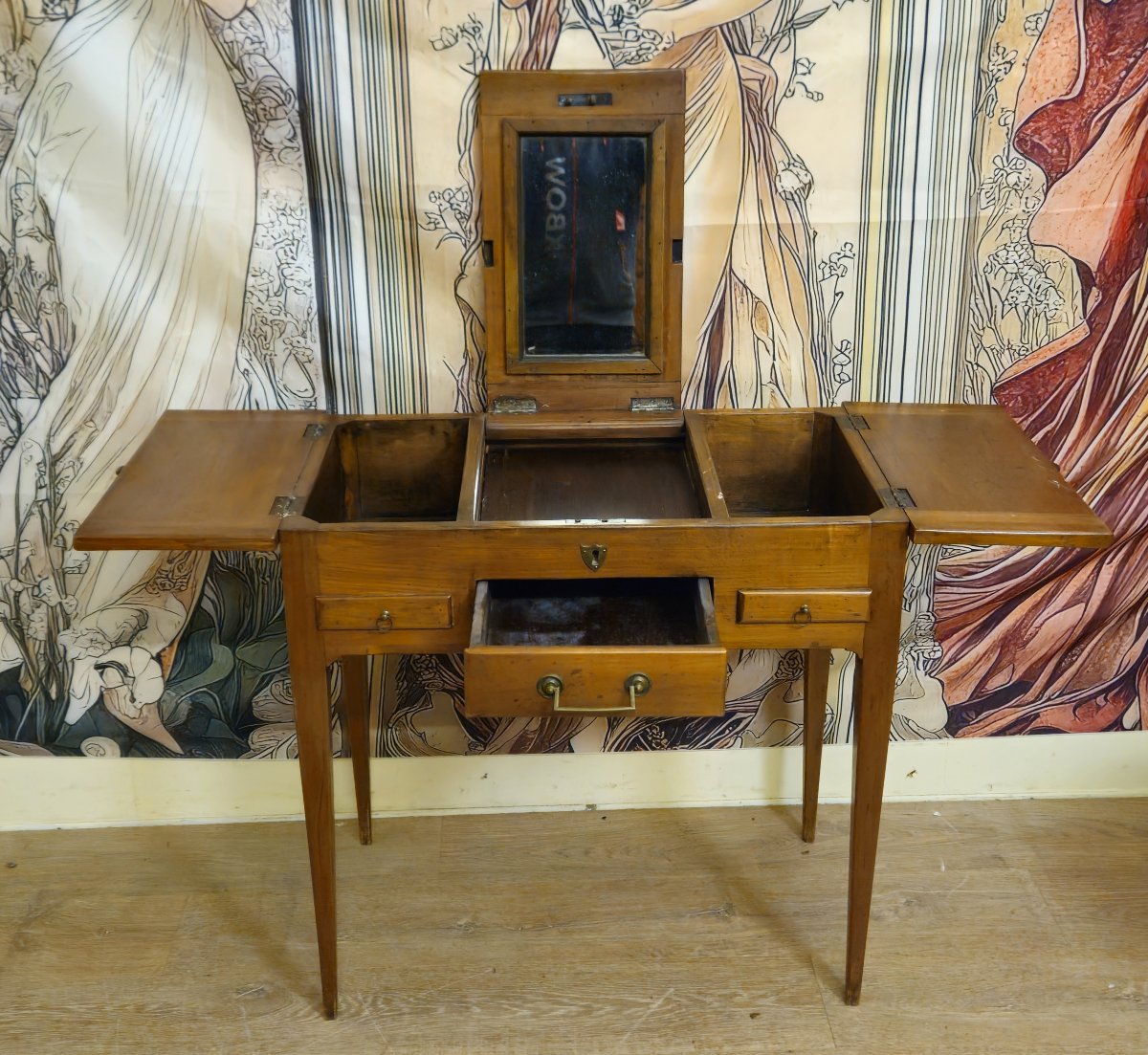 Coiffeuse / table de toilette Louis XVI en noyer et marquéterie – XVIIIe siècle-photo-8