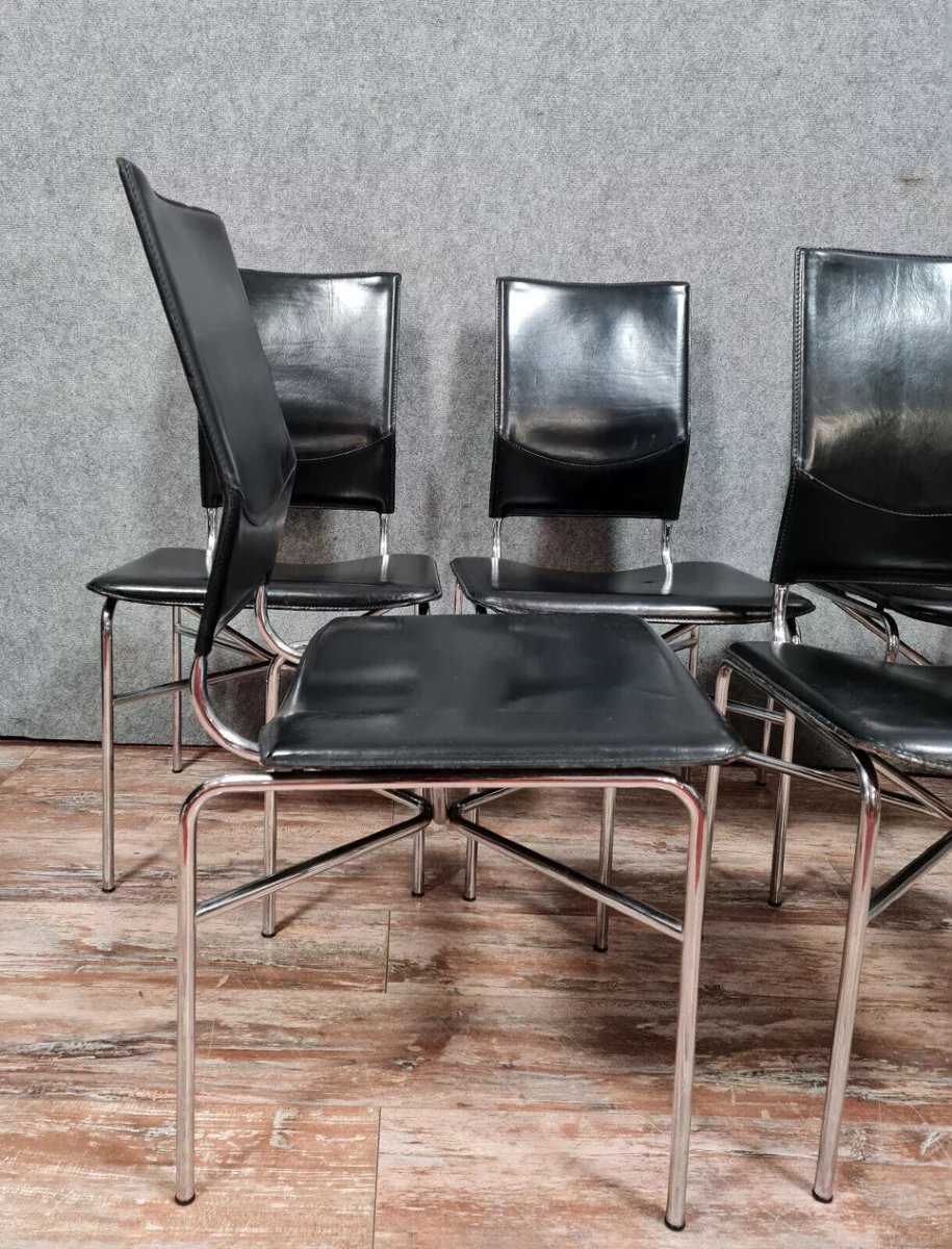 Suite de 5 chaises de salle à manger design Ross Littell pour Matteo Grassi – cuir noir -photo-8