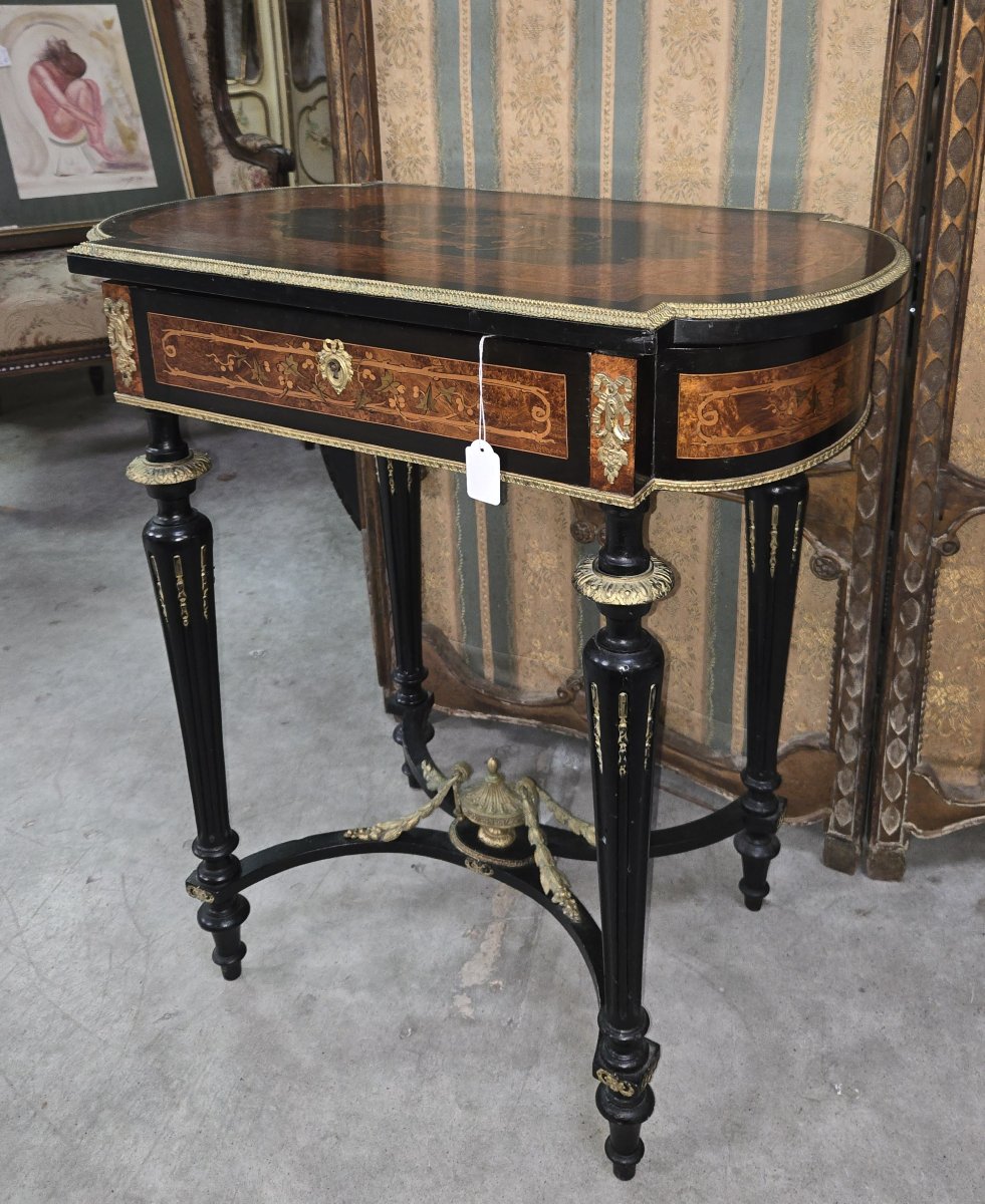 Table d'apparat / coiffeuse Napoléon III en marqueterie et bois noirci-photo-3