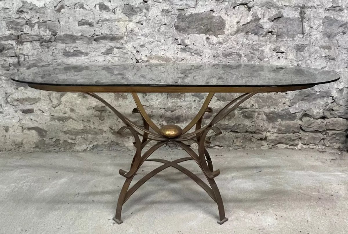 Grande table de salle a manger en métal doré et plateau en verre – Travail des années 1950-1970-photo-2