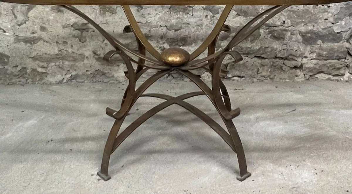Grande table de salle a manger en métal doré et plateau en verre – Travail des années 1950-1970-photo-3