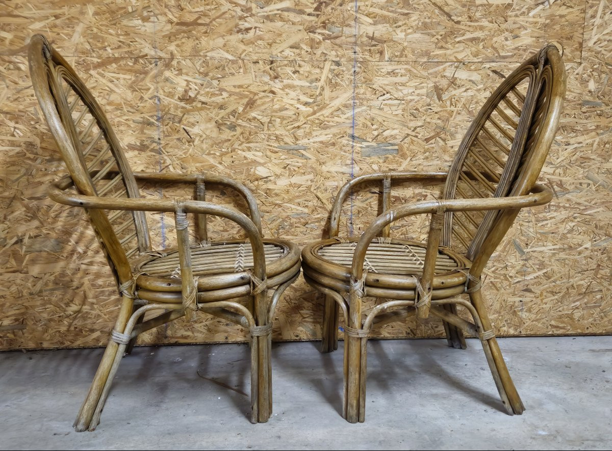 Paire d'importants fauteuils vintage en rotin à motif de feuilles tropicales  rotin / osier -photo-6