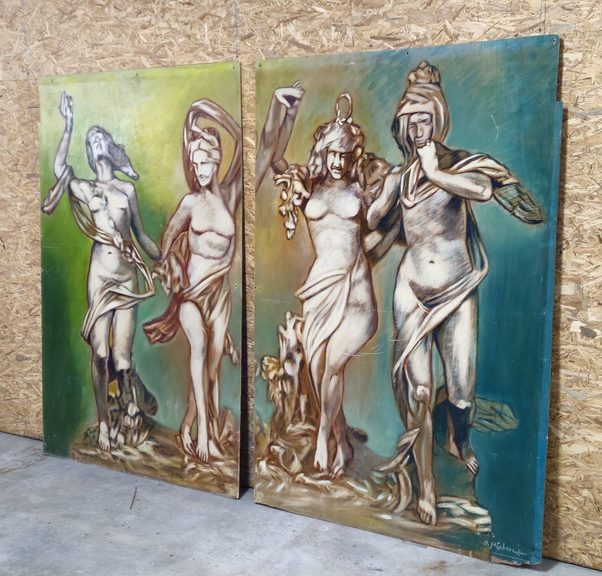 Grand diptyque huile sur panneau "double face" – XXeme siecle face A : nus d’inspiration antic-photo-2