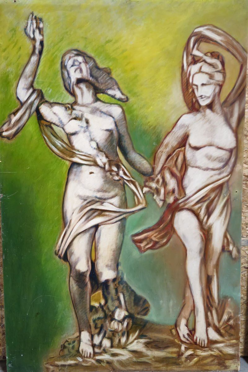 Grand diptyque huile sur panneau "double face" – XXeme siecle face A : nus d’inspiration antic-photo-3