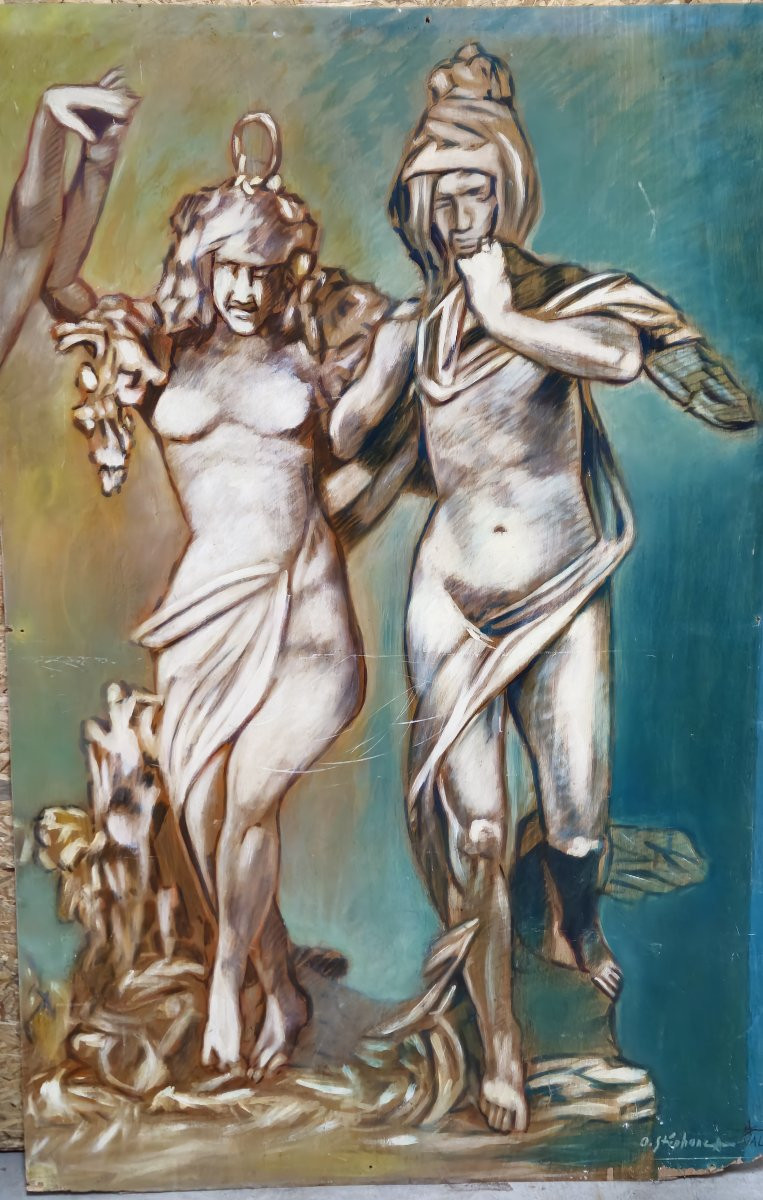 Grand diptyque huile sur panneau "double face" – XXeme siecle face A : nus d’inspiration antic-photo-4