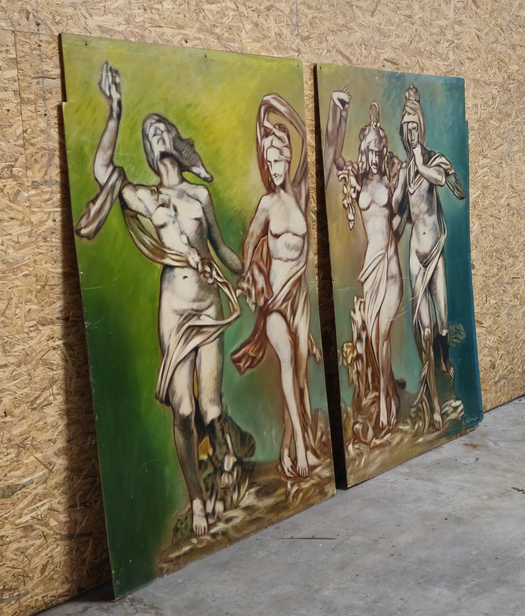 Grand diptyque huile sur panneau "double face" – XXeme siecle face A : nus d’inspiration antic-photo-1